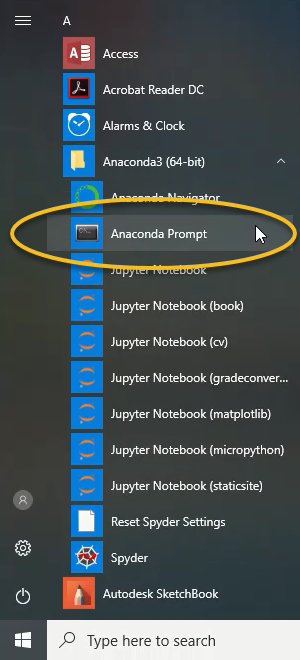 anaconda in start menu