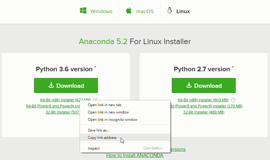 Anaconda downloads page: copy link address