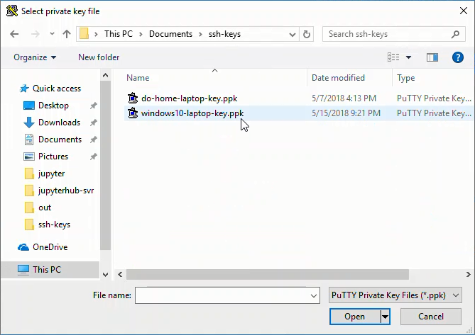 PuTTY browse to private SSH key