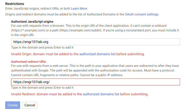 Google OAuth Dashboard Resistrictions