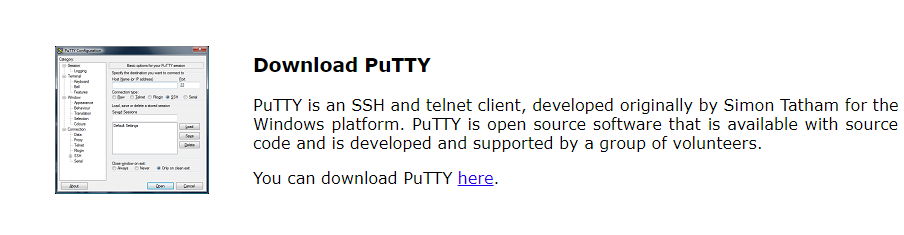 PuTTY installation page